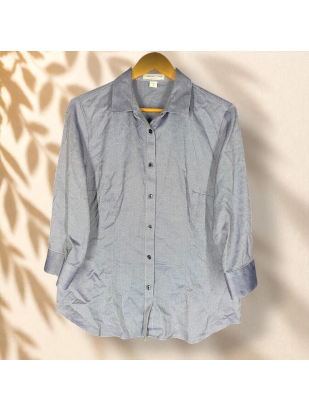 Coldwater Creek Shirt Women L Large Gray Button Up 3/4 Sleeve Collared Cotton